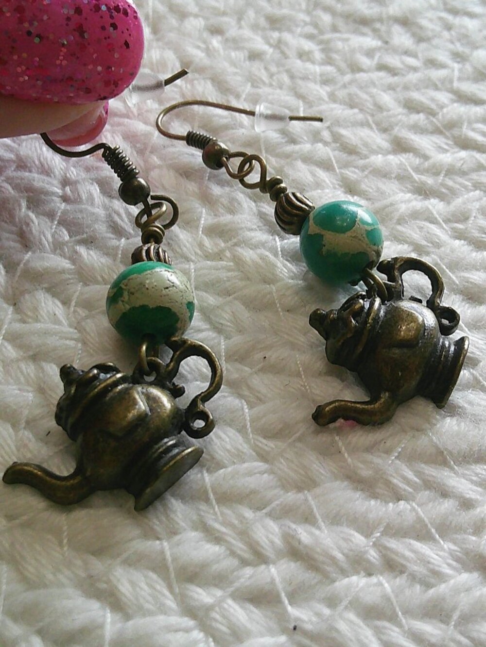 Darling GREEN MOSAIC JASPER & TEAPOT CHARM Handmade Antique Bronze Earrings 870E